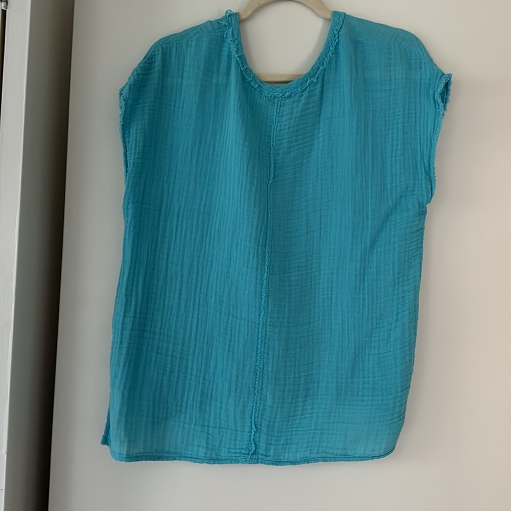 V neck aqua blue gauze top - Picture 2 of 2